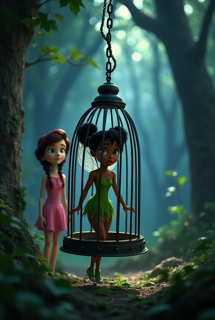 pixar image, tinkerbell exactly like the original, green dress, but with black hair, brown skin, dark shaped eyes, trapped in a cage with fear, with a Pixar looking at her from afar, behind tinkerbell , Out of the cage, with pink dress, two braids in the hair, maroon hair, dark shaped eyes, Caucasian skin,Florest dark, with light points