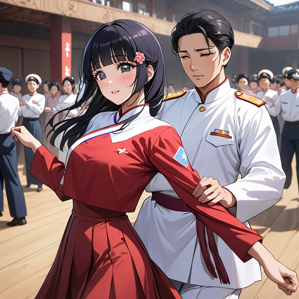 ((Highest quality)), ((masterpiece)), (detailed), (Perfect Face)、The woman is Reika Aoki with semi-long hair、The woman is a member of the North Korean Pleasure Squad and is dancing for the General, wearing the attractive North Korean traditional traditional Korean dress.