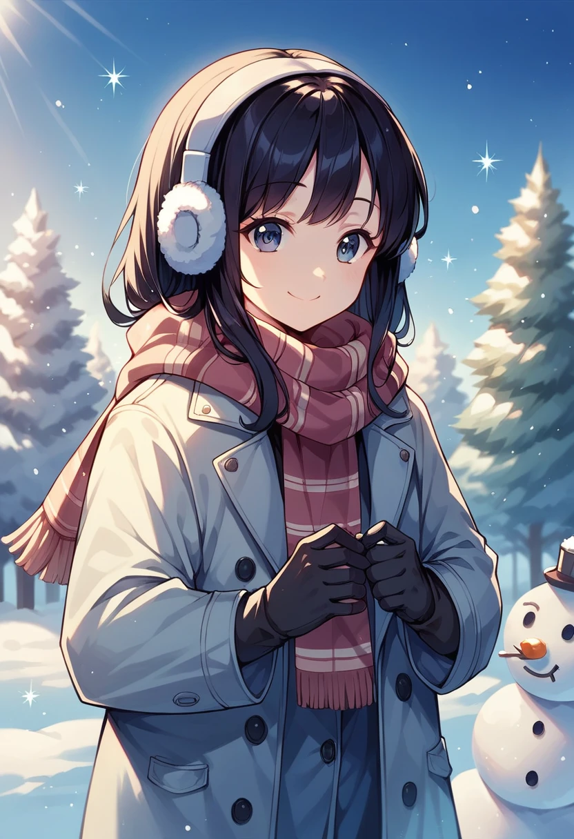 Young girl, Shiny black hair, Long Hair, Heavy coat, scarf, Earmuffs, gloves, Snow Scene, snowman, smile, fun, Hilarious, blue sky, sunlight, Sparkling