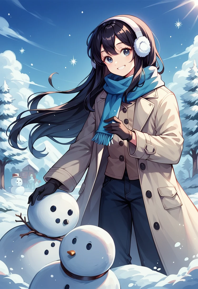 Young girl, Shiny black hair, Long Hair, Heavy coat, scarf, Earmuffs, gloves, Snow Scene, snowman, smile, fun, Hilarious, blue sky, sunlight, Sparkling