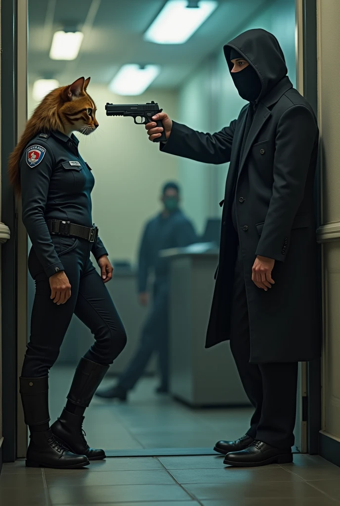 Final Confrontation with the Leader**:
- The leader of the robbers is holding the bank manager hostage, his gun pointed at the manager's head. The female white cat police officer in human body is crouched low, ready to spring into action. Her eyes are narrowed, locked onto the leader, with a fierce determination. The tension in the air is thick, and the scene is on the brink of explosive action