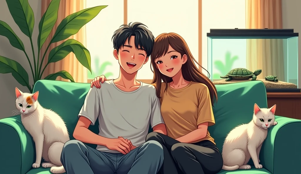 There is a couple in a high-end living room with white and black furniture.,A short-haired man and a long-haired woman are smiling happily on a green sofa,Two cats,A white and a calico cat,There was a relatively small turtle in the fish tank, lying on a rock and watching them.,Anime style,Bright painting style,Warmth