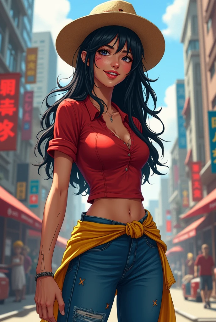Realistic big city background、1 young woman、Straw hat、Black Hair、smiling、Well-formed face、Beautiful face、Stitch wound under the left eye、Lean muscular body、Wearing a red shirt、Blue half-size jeans、A yellow cloth is wrapped around his waist、Sandals、X-shaped scars on the body