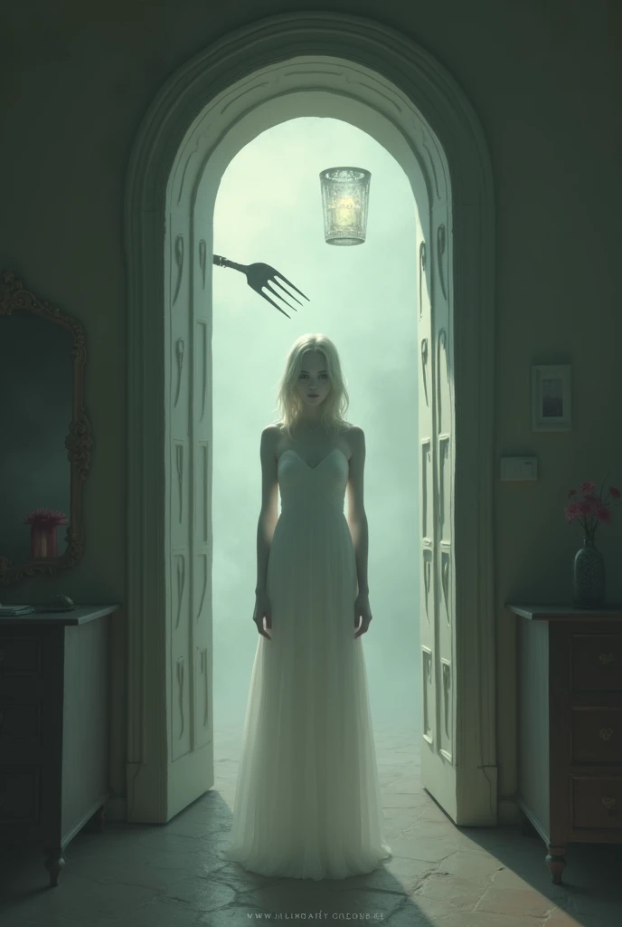 Arched door, fork, glass, woman