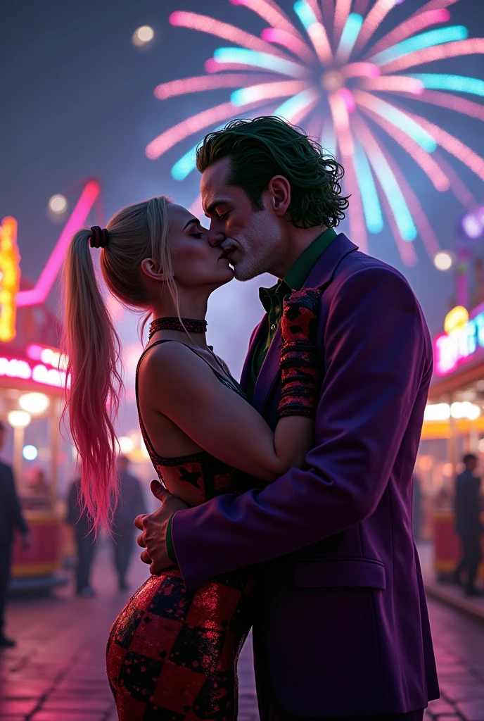  Harley Quinn pulling the Era closer, with a mischievous smile on his face, as they share a passionate kiss under the bright lights of the amusement park. The background could be full of fireworks, creating a magical and romantic atmosphere