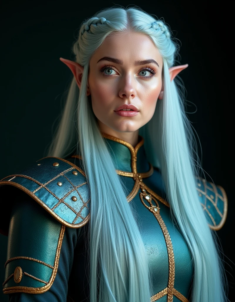 GORGEOUS VALKYRIE , WARRIOR WOMAN, BUST IMAGE STYLE, STUDIO IMAGE STYLE, BLACK INFINITE BACKGROUND, DIFFUSED LIGHTS ON FACE, BACK LIGHTS ON HAIR, LUMINOUS PINK BLUE HAIR, CLOSE FACE SHOT, HUGE LONG HAIR, HUGE STRAIGHT LONG HAIR, BRAID HAIR STYLE, PLATINUM EYEBROWS, VERY PALE SKIN, LUMINOUS SKIN, FEMALE FAIRY, TOLKIEN MITHOLOGY, EXPOSED LONG TIP EARS, HIGH CHEEKBONES, ROSY CHEEKS, GORGEOUS LIPS, SOFT LIPSTICK, GORGEOUS CURVY BODY, SOFT MUSCLES, VOLUMOUS BREASTS, BLUE GREEN ARMOUR, FULL BODY ARMOUR, FLAT BOOTS, NECK CLEAVAGE, LONG BRACELETS, GOLD DETAILS, GOLDEN HEADBAND , ENIGMATIC FACE EXPRESSION, SIDE FACE VIEW, EYES LOOKING UP, TOLKIEN MITHOLOGY, HIGH QUALITY IMAGE, MASTERPIECE, 8K