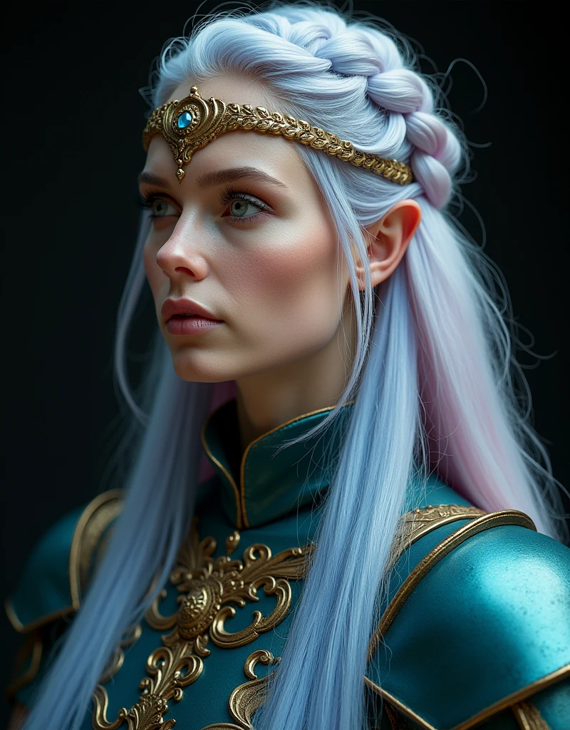 GORGEOUS VALKYRIE , WARRIOR WOMAN, BUST IMAGE STYLE, STUDIO IMAGE STYLE, BLACK INFINITE BACKGROUND, DIFFUSED LIGHTS ON FACE, BACK LIGHTS ON HAIR, LUMINOUS PINK BLUE HAIR, CLOSE FACE SHOT, HUGE LONG HAIR, HUGE STRAIGHT LONG HAIR, BRAID HAIR STYLE, PLATINUM EYEBROWS, VERY PALE SKIN, LUMINOUS SKIN, FEMALE FAIRY, TOLKIEN MITHOLOGY, EXPOSED LONG TIP EARS, HIGH CHEEKBONES, ROSY CHEEKS, GORGEOUS LIPS, SOFT LIPSTICK, GORGEOUS CURVY BODY, SOFT MUSCLES, VOLUMOUS BREASTS, BLUE GREEN ARMOUR, FULL BODY ARMOUR, FLAT BOOTS, NECK CLEAVAGE, LONG BRACELETS, GOLD DETAILS, GOLDEN HEADBAND , ENIGMATIC FACE EXPRESSION, SIDE FACE VIEW, EYES LOOKING UP, TOLKIEN MITHOLOGY, HIGH QUALITY IMAGE, MASTERPIECE, 8K