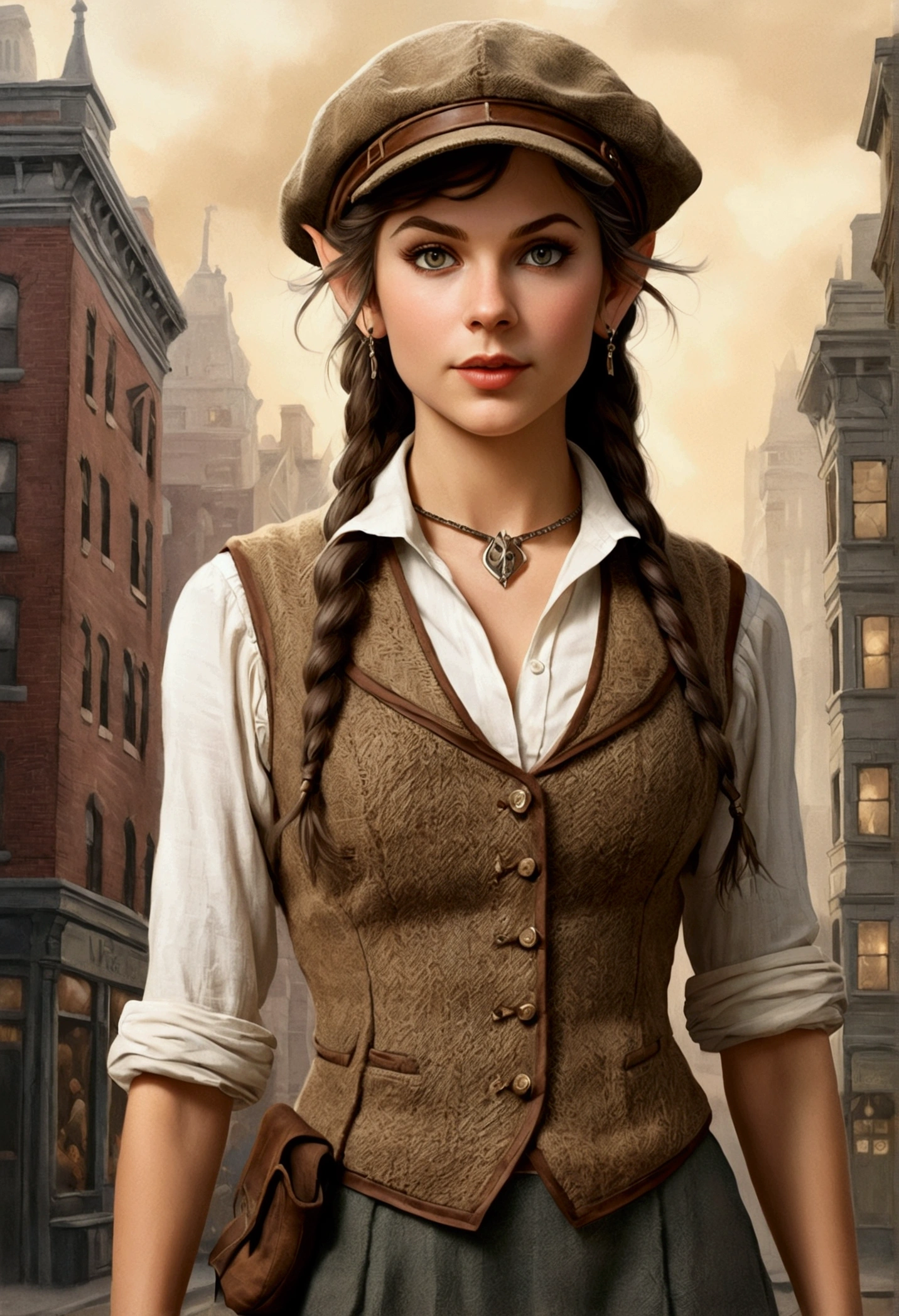An illustrated movie poster, hand-drawn, full color, an elven maiden, wearing a tweed vest and a newsie cap, tall, toned, amazonian stature, athletic hourglass figure, busty bosom, long pointy elf ears, amber eyes, dark hair, warm almond skintone, freckles, resembles Taylorr Swift, standing on a foggy Victorian-era street corner, graphite shading, stencil marks, airbrushed acrylic paint, masterpiece, elf ears