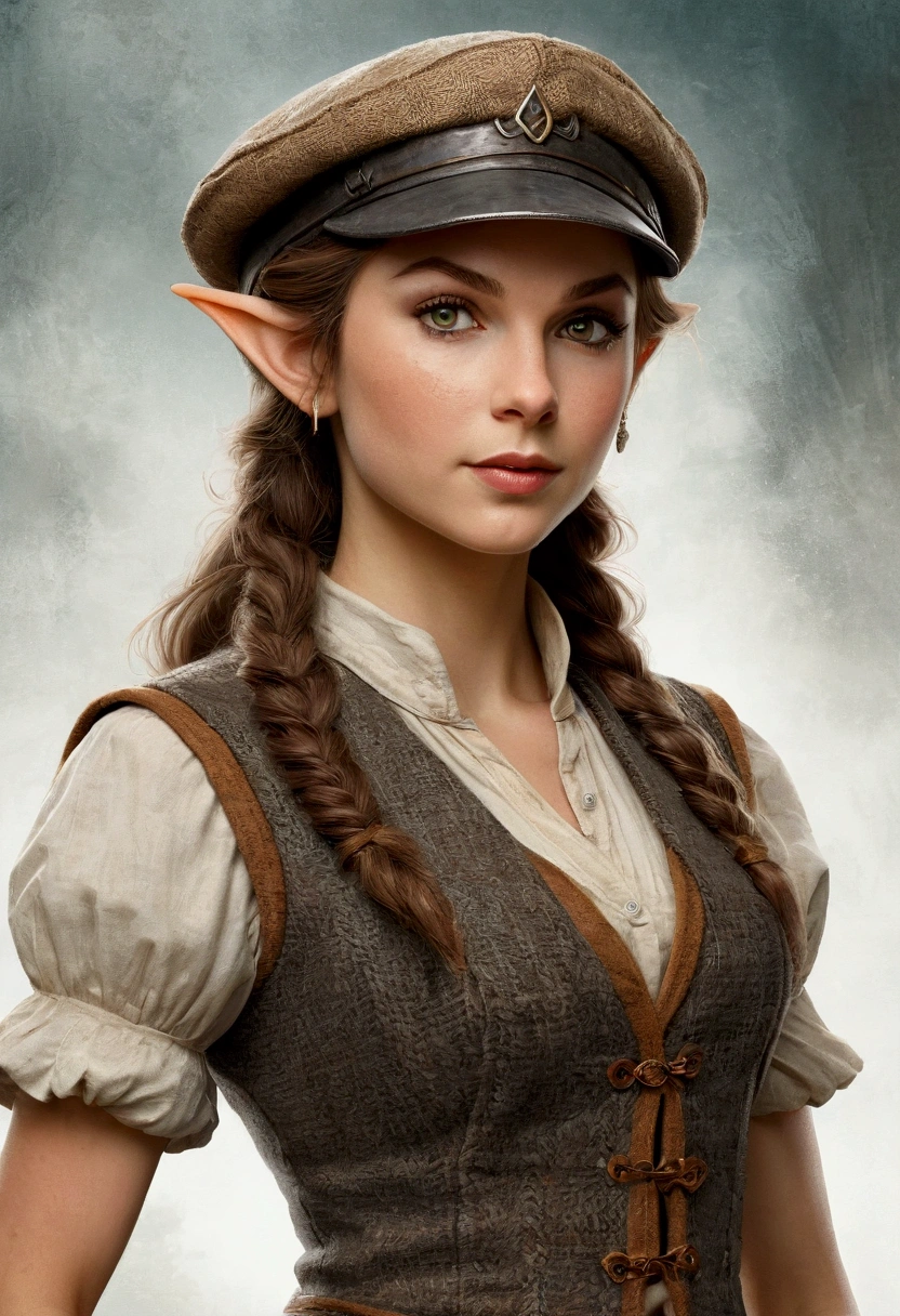 An illustrated movie poster, hand-drawn, full color, an elven maiden, wearing a tweed vest and a newsie cap, tall, toned, amazonian stature, athletic hourglass figure, busty bosom, long pointy elf ears, amber eyes, dark hair, warm almond skintone, freckles, resembles Taylorr Swift, standing on a foggy Victorian-era street corner, graphite shading, stencil marks, airbrushed acrylic paint, masterpiece, elf ears