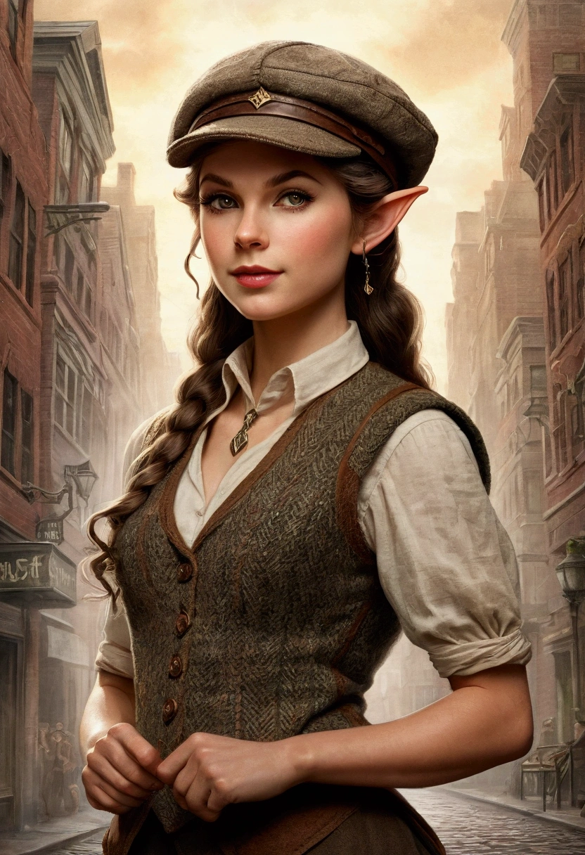 An illustrated movie poster, hand-drawn, full color, an elven maiden, wearing a tweed vest and a newsie cap, tall, toned, amazonian stature, athletic hourglass figure, busty bosom, long pointy elf ears, amber eyes, dark hair, warm almond skintone, freckles, resembles Taylorr Swift, standing on a foggy Victorian-era street corner, graphite shading, stencil marks, airbrushed acrylic paint, masterpiece, elf ears