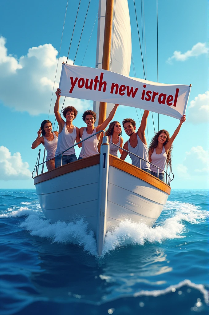 Some young people on a boat holding a sign *that says in Spanish "Youth new israel" while sailing the sea