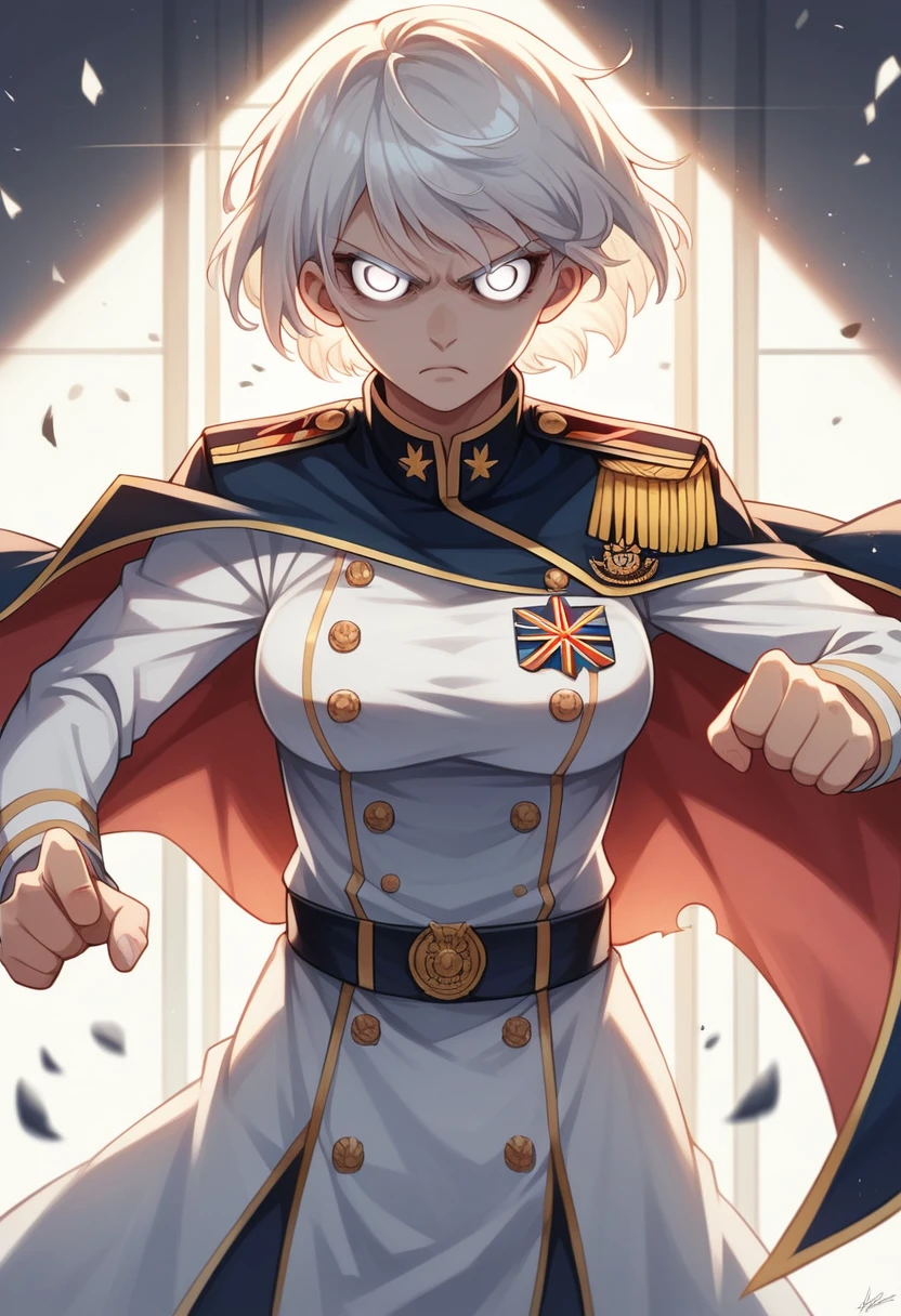 extremely detailed CG unity 8k wallpaper), (masterpiece), (best quality), (ultra-detailed), (best illustration), (best shadow), (absurdres) ,(detailed eyes), 2b, 1girl, short hair, white hair, solo, Intimidating women, admiral uniform, night, hero pose, white clothes, General Uniform, Military Uniform, Sunlight, exposed to sunlight,commander, fighting pose, wearing cape