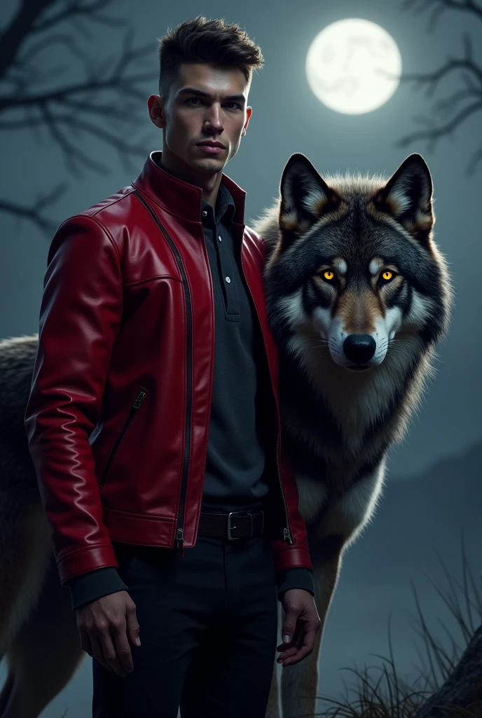 Laki laki keren pakai jaket merah beground malam, disamping srigala, nama "fendra"