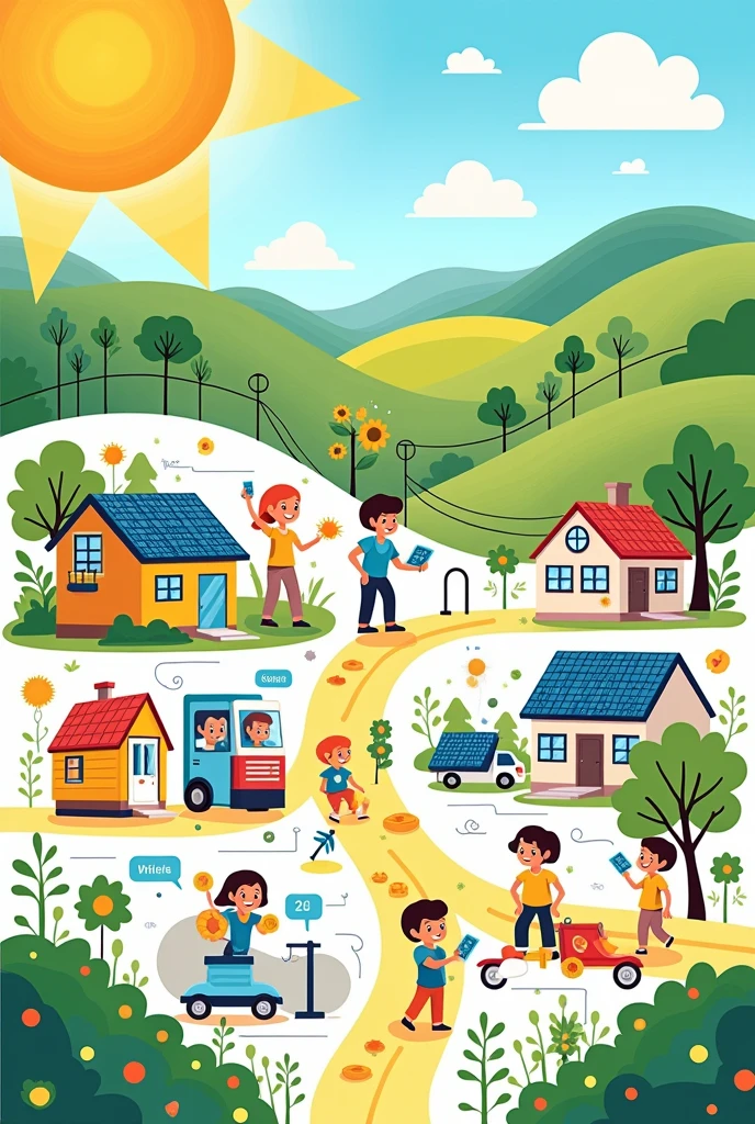 Create a poster showing the utilization/uses of solar energy. Make it simple for an elementary student to draw.