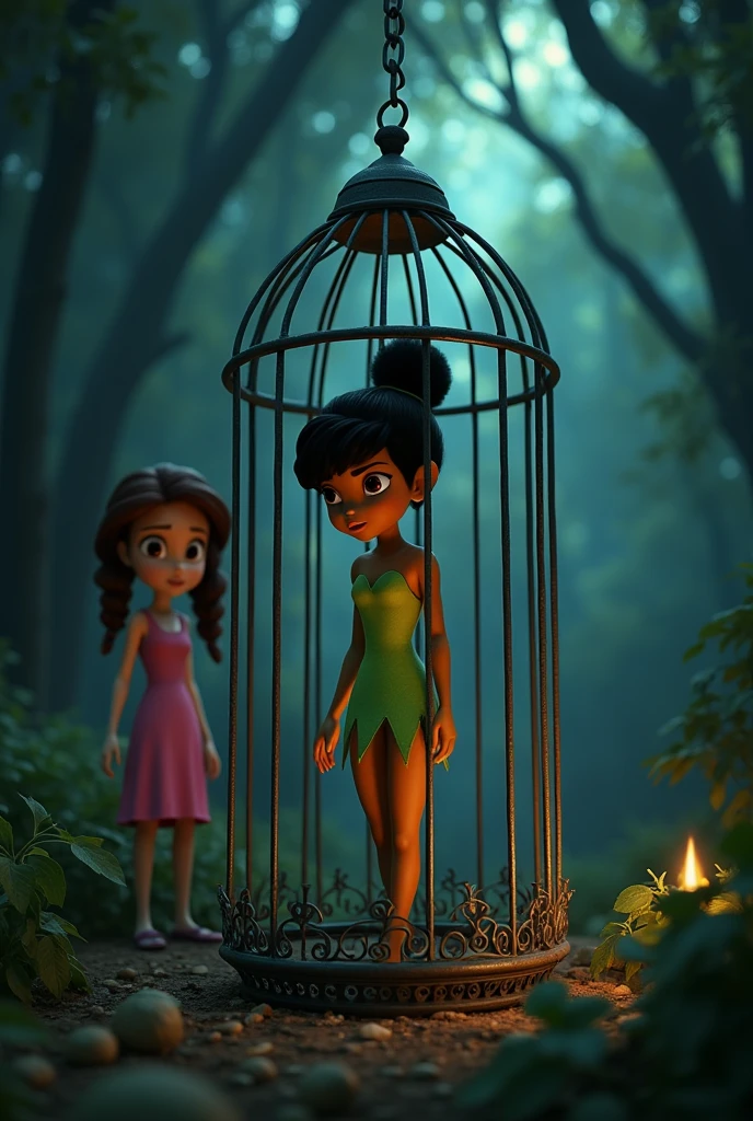 pixar image, tinkerbell exactly like the original, green dress, but with black hair, brown skin, dark shaped eyes, trapped in a cage with fear, with a Pixar looking at her from afar, behind tinkerbell , Out of the cage, with pink dress, two braids in the hair, maroon hair, dark shaped eyes, Caucasian skin,Florest dark, with light points
