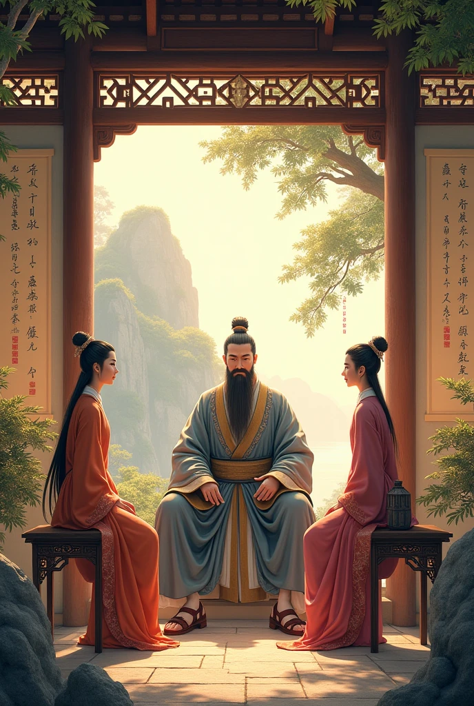 Guan Yu sat and talked with his two sisters-in-law.
