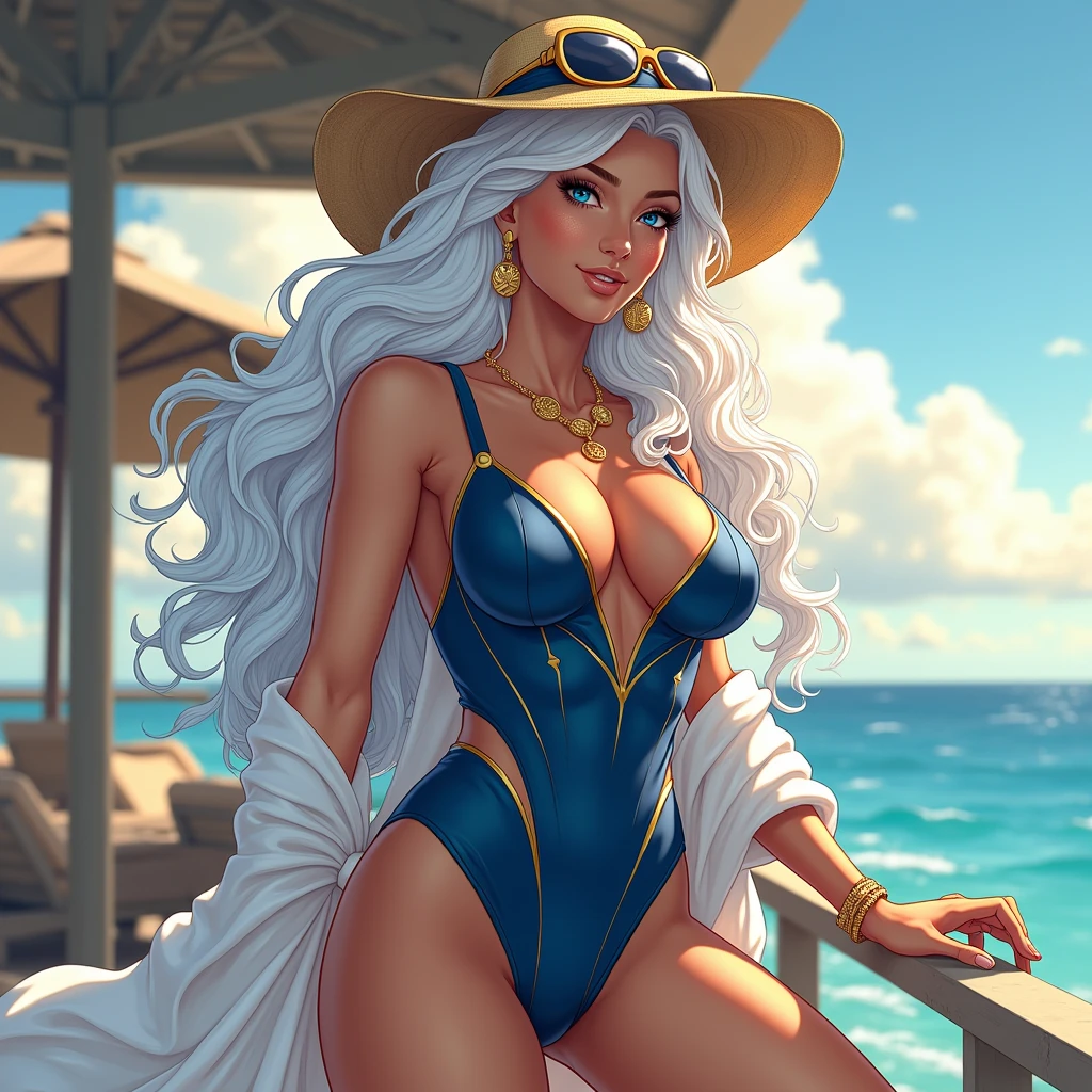 A Breathtakingly Elegant Full-Color 64k Anime-Style Illustration of Storm from Marvel in Swimwear

Character Appearance:

- **Hair:** Storm's striking white hair is styled in soft, flowing waves that cascade down her back, subtly catching blue sparks, the sea breeze and giving a sense of lightness and freedom.
- **Eyes:** Her serene, kind, and soft eyes reflect a calm wisdom, shimmering with hints of her deep connection to nature. The gentle azure hue of her eyes mirrors the surrounding sea and sky.
- **Facial Features:** Her expression is gentle and composed, with a soft smile that conveys warmth and kindness. High cheekbones and a graceful jawline enhance her regal yet approachable presence.
- **Physique:** African - Bronze Toned skin and athletic, with an elegant build that speaks to her strength and agility. Her posture is relaxed yet confident, exuding grace and poise.

**Costume Details:**

- **Outfit:** Storm is dressed in a beautiful, elegant swimsuit that combines style and sophistication. A sleek, deep blue one-piece with gold accents complements her complexion and gives a nod to her regal nature. A sheer, flowing white beach cover-up drapes loosely around her shoulders, adding a touch of softness to her powerful presence.
- **Accessories:** A pair of delicate gold earrings and a matching bracelet adorn her, reflecting the light of the setting sun. She wears stylish sunglasses perched on her head, and a wide-brimmed sun hat adds a chic, vacation-ready flair to her look.

**Illustration Concept:**

- **Style:** A breathtakingly elegant full-color 64k anime-style illustration.
- **Art Approach:** Graceful and serene, with a focus on capturing Storm’s calm and nurturing presence in a luxurious and relaxed setting.
- **Character Focus:** Emphasize her soft eyes and serene expression, juxtaposed with her powerful, commanding presence as a mutant goddess of the weather.

**Character Portrayal:**

- **Pose:** Storm is leaning casually against the railing of an op