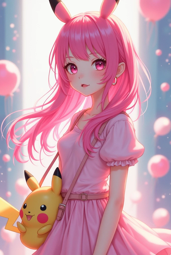 Anime woman with pink hair pink clothes pink earrings white skin color a pikachu bag