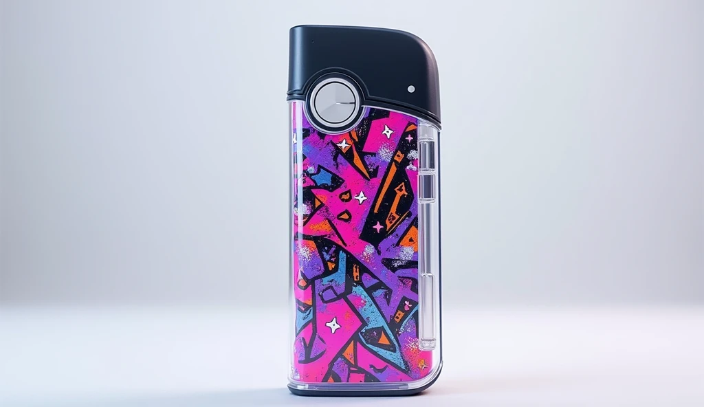 Disposable electronic cigarette，Graffiti style pattern on the transparent shell，Transparent cigarette holder，With metal decorative ring，Fresh color，creative，With electronic display，Pure product pictures are enough