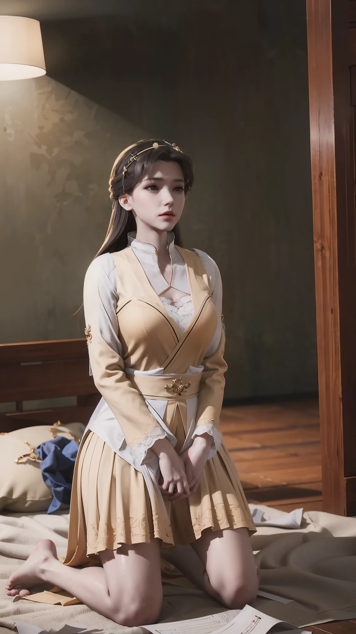 best quality，masterpiece，The Ultimate Solution，Fluffy，Extremely colorful，Mature beautiful woman，（Dress school uniform），Lace skirt，（Beautiful woman beheaded），Normal posture，（Kneeling），Kneeling on the bed，shackles，Beheading，collar，barefoot，Normal posture