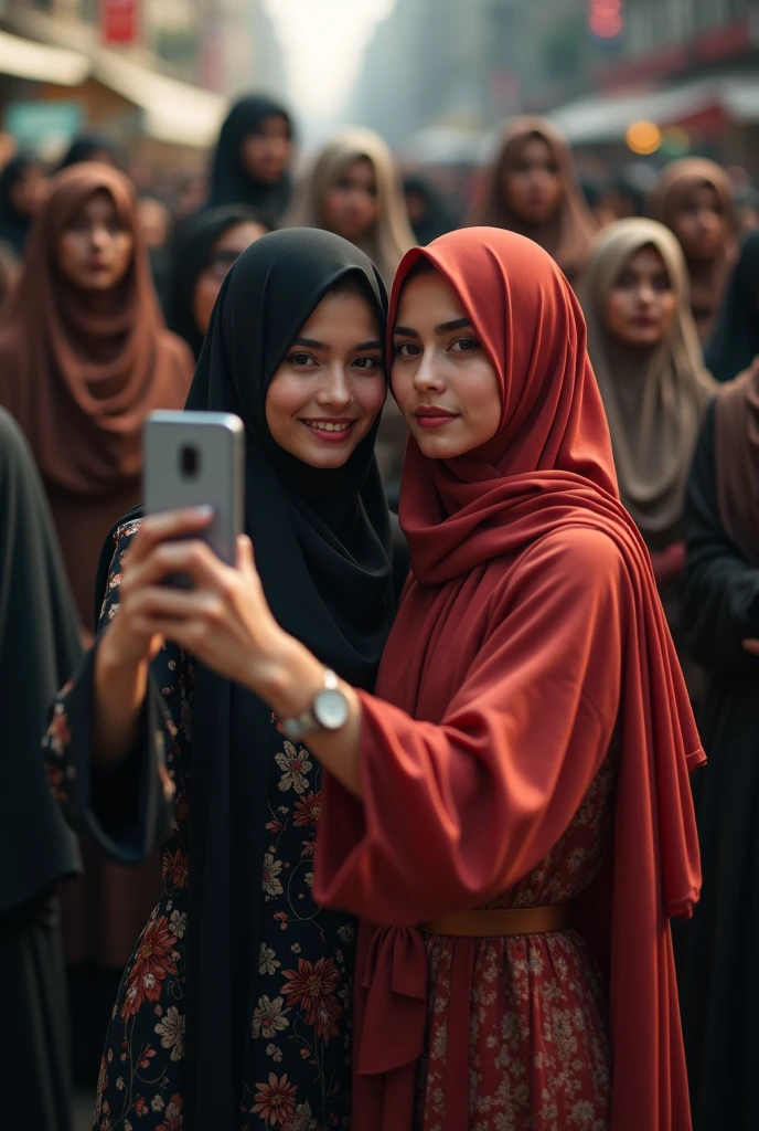 2 girls in burqa taking mirror selfie in background lots of ther girls in hijab