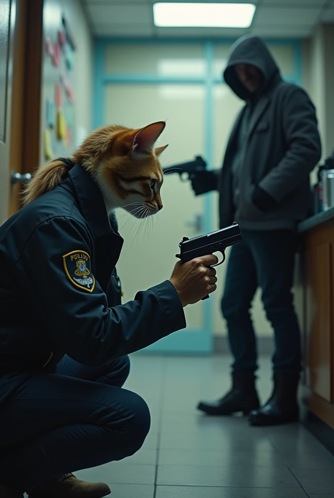 Final Confrontation with the Leader**:
- The leader of the robbers is holding the bank manager hostage, his gun pointed at the manager's head. The female white cat police officer in human body is crouched low, ready to spring into action. Her eyes are narrowed, locked onto the leader, with a fierce determination. The tension in the air is thick, and the scene is on the brink of explosive action
