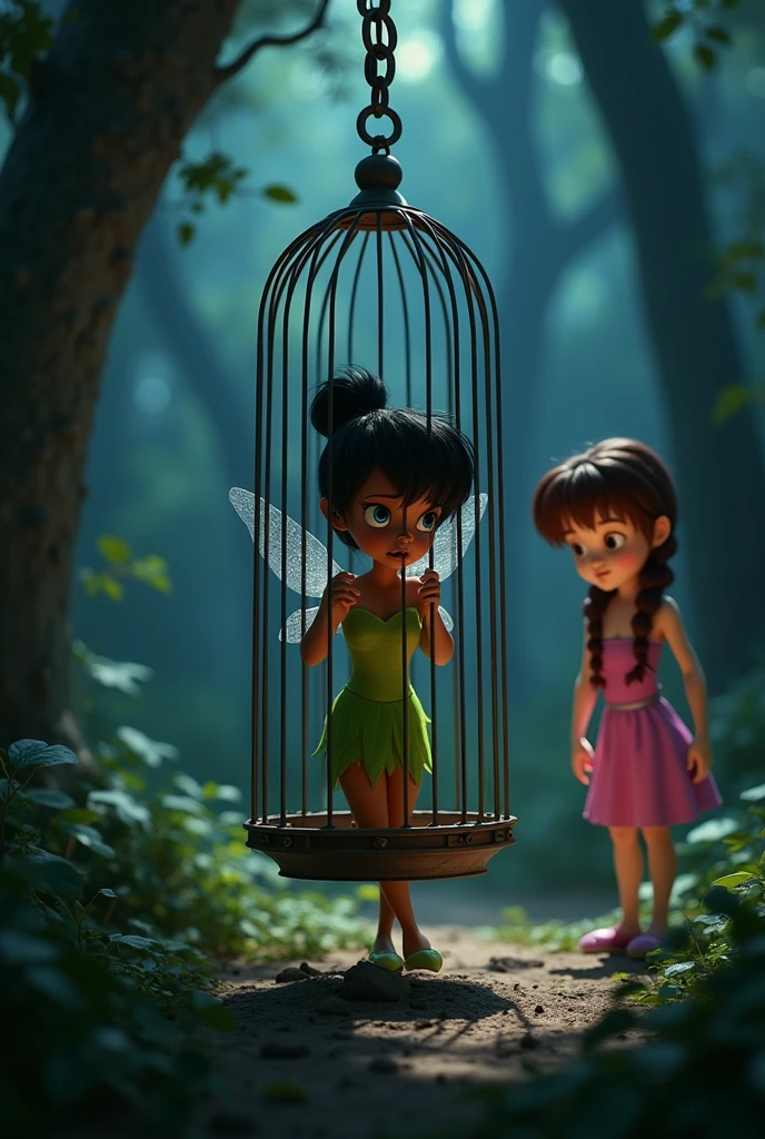 pixar image,  tinkerbell exactly like the original, green dress, but with black hair, brown skin, dark shaped eyes, trapped in a cage with fear, with a  Pixar looking at her from afar, behind tinkerbell , Out of the cage, with pink dress, two braids in the hair, maroon hair, dark shaped eyes, Caucasian skin,Florest dark, with light points 