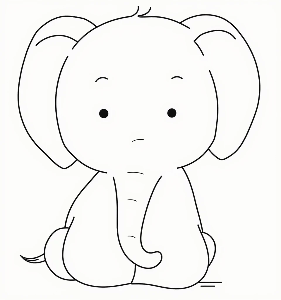 A cute elephant, a simple line art drawing with thick black lines on a white background, no shading or color, a flat vector graphic design. The character is seen from the back and has only one visible. It's drawn in an adorable cartoon style, with rounded edges for a child-friendly appance. The special focus is on the head outline for a coloring book style. The simple and cl black outlines are without any shadows or gradients. The overall composition should be easily recognizable as an elephant silhouette.
