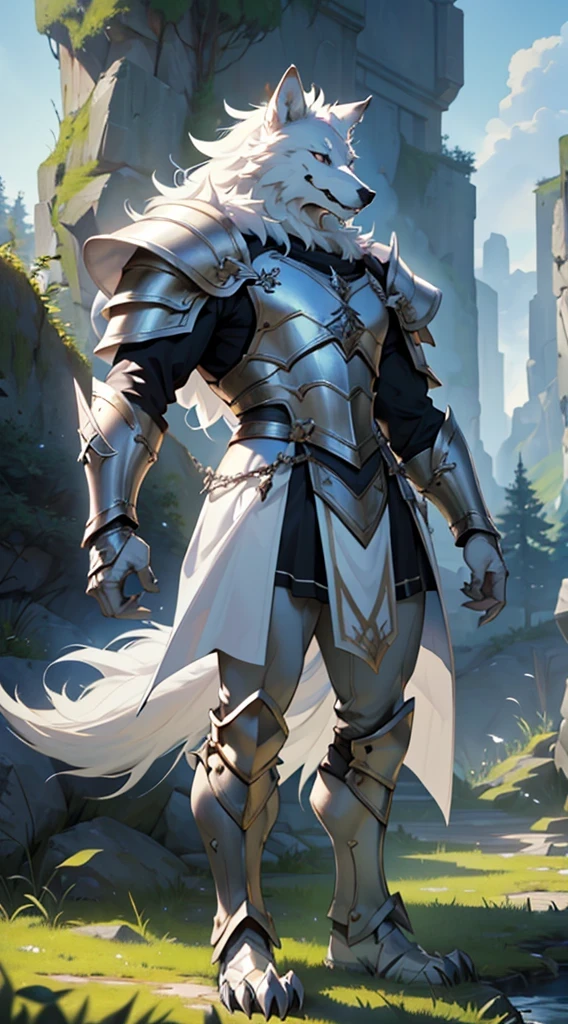 (best quality, 4K, 8k, high resolution, masterpiece:1.2), white wolf monster, White wolf in armor, furry wolf monster with short legs, Side pose, full body pose, Outdoor Lighting, vertical lighting, nature background, Lunch hour, large claws on front feet, Gaze angle at shoulder height, meadow background,