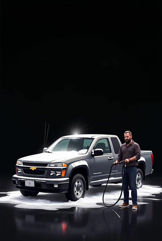 Draw a rectangular 2D image. The background color should be black and inside there is a person with a short black beard and a pressure washer spraying water on a 2004 Chevrolet Colorado double-cab gray with black rims.. that the truck is soaped. That says on the top “left-handed car wash”