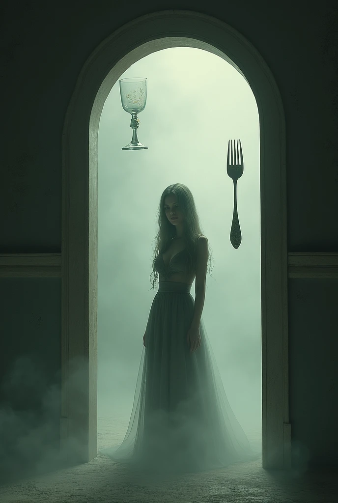 Arched door, fork, glass, woman