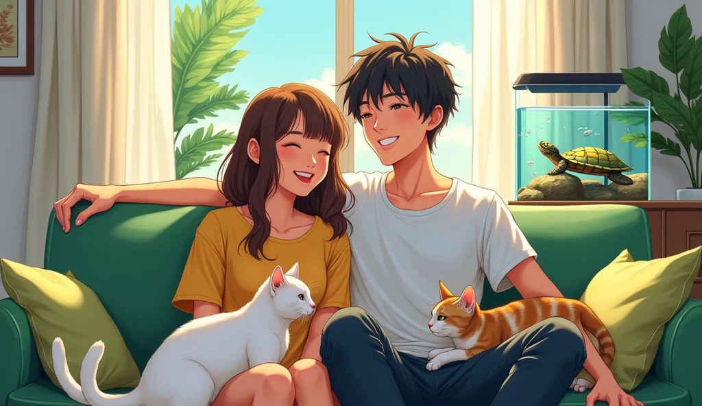There is a couple in a high-end living room with white and black furniture.,A short-haired man and a long-haired woman are smiling happily on a green sofa,Two cats,A white and a calico cat,There was a relatively small turtle in the fish tank, lying on a rock and watching them.,Anime style,Bright painting style,Warmth