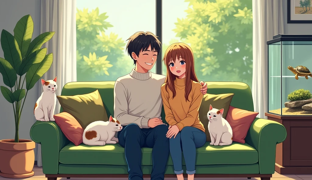 There is a couple in a high-end living room with white and black furniture.,A short-haired man and a long-haired woman are smiling happily on a green sofa,Two cats,A white and a calico cat,There was a relatively small turtle in the fish tank, lying on a rock and watching them.,Anime style,Bright painting style,Warmth