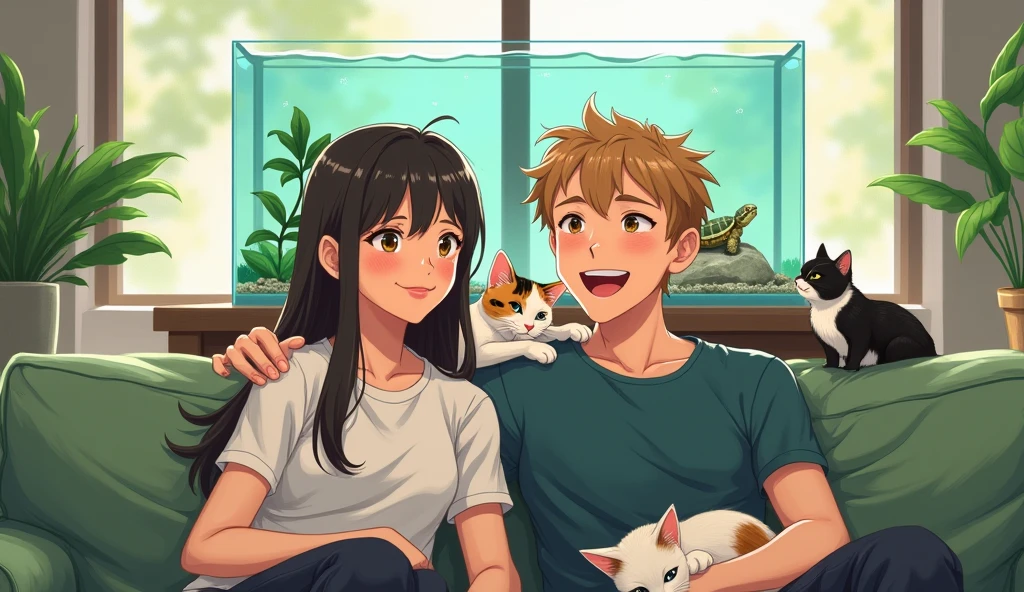 There is a couple in a high-end living room with white and black furniture.,A short-haired man and a long-haired woman are smiling happily on a green sofa,Two cats,A white and a calico cat,There was a relatively small turtle in the fish tank, lying on a rock and watching them.,Anime style,Bright painting style,Warmth