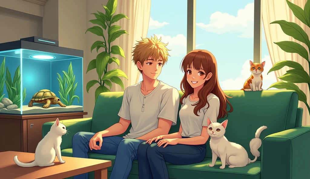 There is a couple in a high-end living room with white and black furniture.，A short-haired man and a long-haired woman are smiling happily on a green sofa，Two cats，A white and a calico cat，There was a relatively small turtle in the fish tank, lying on a rock and watching them.，Anime style，Bright painting style，Warmth