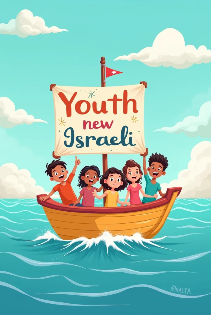 Some young people on a boat holding a sign *that says in Spanish "Youth new israel" while sailing the sea a cute and tender cartoon drawing