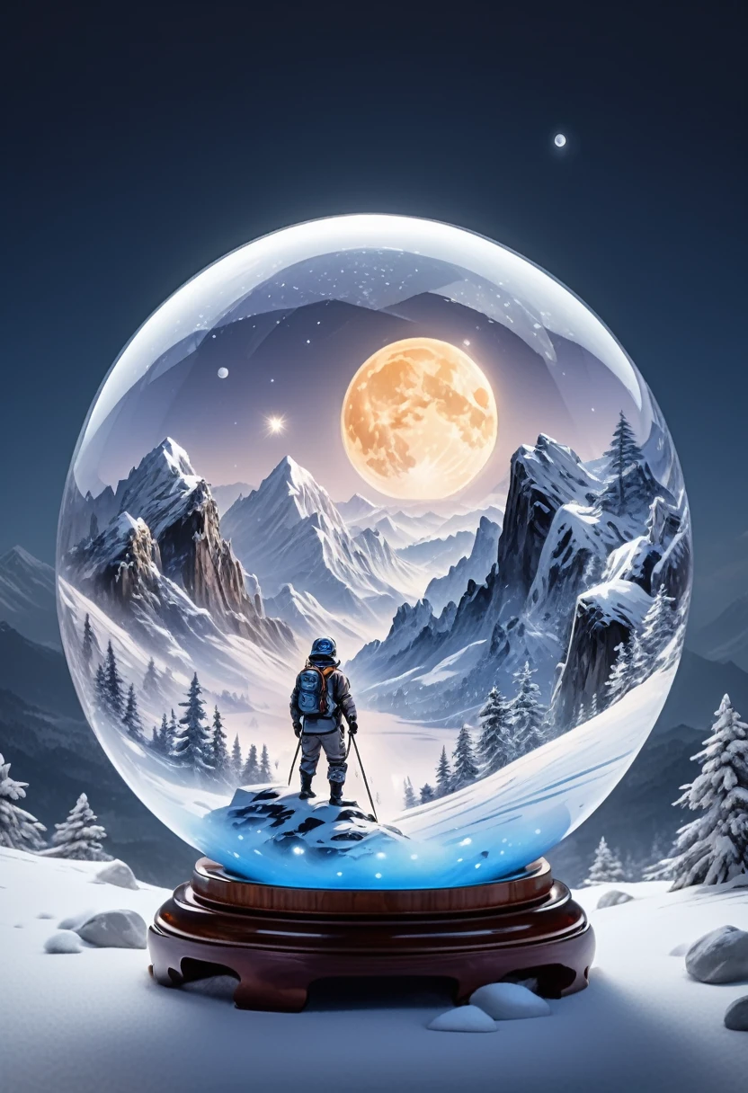 White Background, scenery, ink, Mountain々, water, wood high quality, masterpiece,Highest quality, masterpiece,"Bubble Realm Art,water crystal jade,(((Inside the crystal sphere))),(Ultra Wide Angle), Inside the sphere,From behind,From a calm winter landscape, Capture man wearing an enduro helmet on the edge of a mountain, Illuminated by the soft glow of the full moon. The starry sky above adds a touch of magic, The gentle dance of shooting stars adds tranquility to the scene."Xin Haicheng