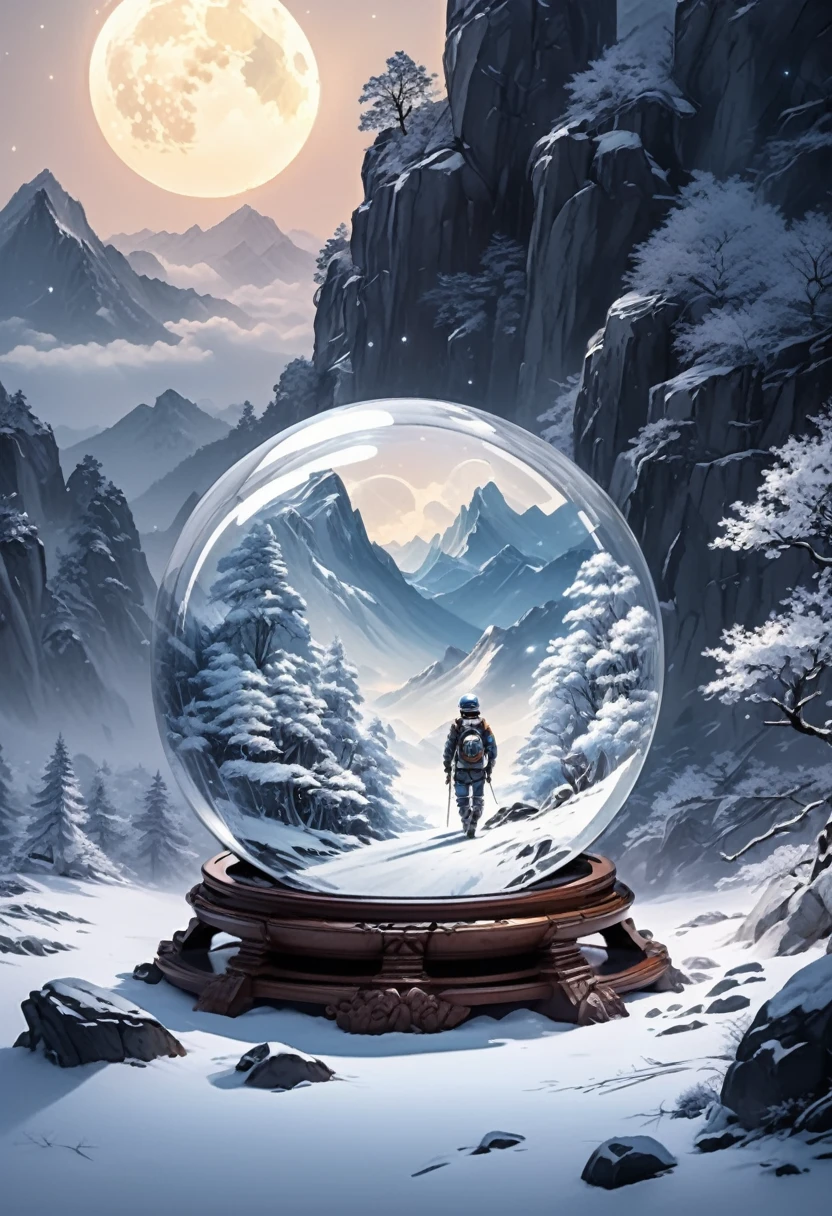 White Background, scenery, ink, Mountain々, water, wood high quality, masterpiece,Highest quality, masterpiece,"Bubble Realm Art,water crystal jade,(((Inside the crystal sphere))),(Ultra Wide Angle), Inside the sphere,From behind,From a calm winter landscape, Capture man wearing an enduro helmet on the edge of a  mountain, Illuminated by the soft glow of the full moon. The starry sky above adds a touch of magic, The gentle dance of shooting stars adds tranquility to the scene."Xin Haicheng
