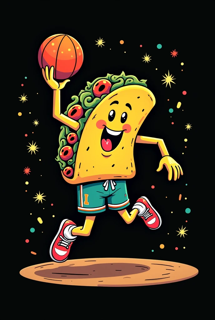 funny taco playing basketball illustreation with cino de mayo style , black background