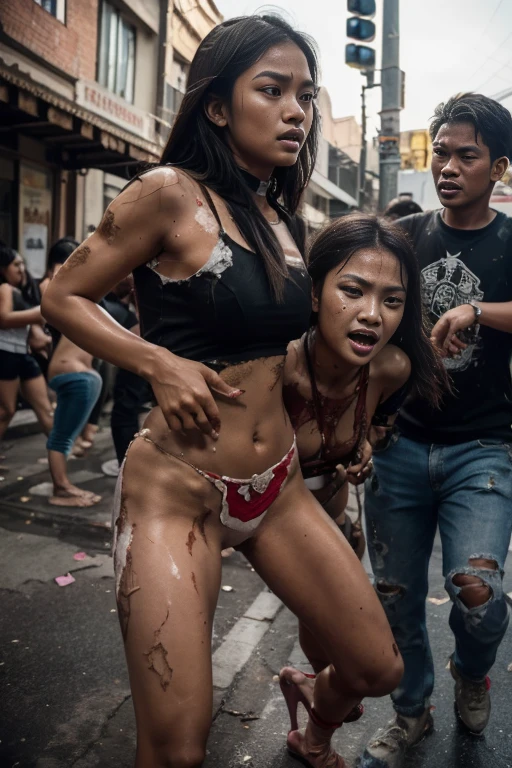 A riot peoples revolution in Indonesian, a young sweet beautiful Indonesian georgeus girl, twenty , slim body, glamor and rich girl, crying out being pulled and forced to draging down brutaly by some adult men to the street court, she is tied, very messy hairs, ssome makeup still remain on her pretty face, he got many punishment by the peoples, only wearing her damage and dirty underwear after her clothes has torn aparts and destroyed, sone bloody wounds on her skins, sadistcs and le situation, realistics, detail and natural, she is crying for mercy, fire and dead body scattered everywhermassacre,