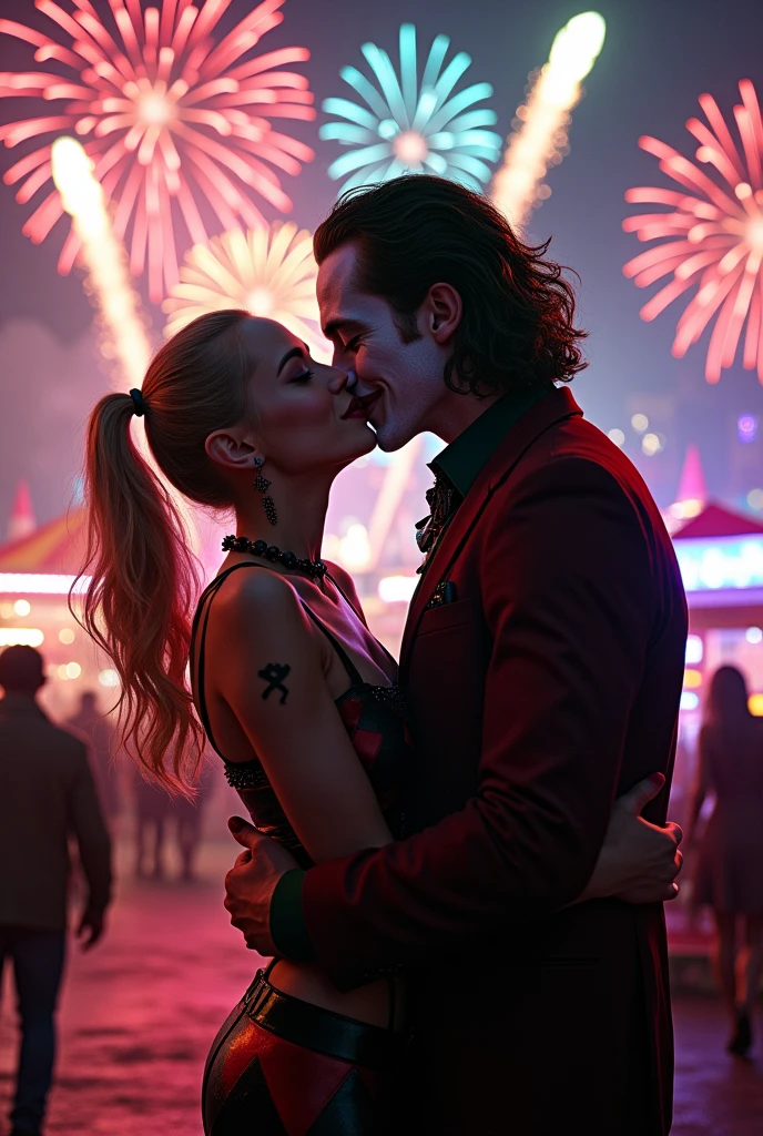 Harley Quinn pulling the Poison Era closer, with a mischievous smile on his face, as they share a passionate kiss under the bright lights of the amusement park. The background could be full of fireworks, creating a magical and romantic atmosphere