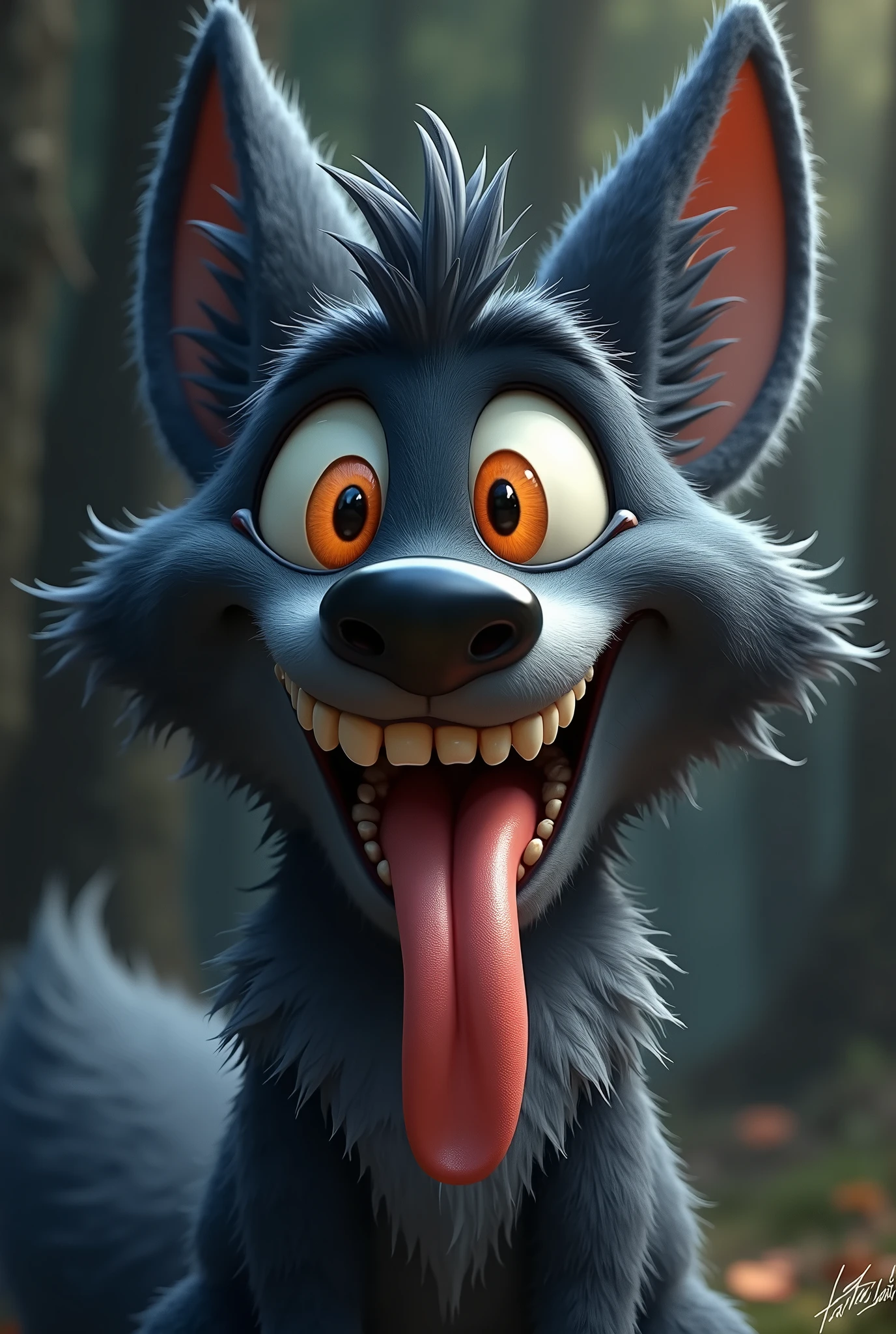 A whimsical, cartoonish black fox with large, expressive orange eyes, and exaggerated facial features stands with a mischievous, wide-eyed grin, matching the exact expression as the reference image. The fox's fur is dark black with tufts of fur adding texture and character. Its mouth is open wide with a comically large tongue sticking out, adding to its playful and mischievous appearance. The overall style is highly detailed with a touch of hand-painted quality, focusing on exaggerated expressions, vibrant colors, and a humorous, light-hearted mood. The background is a softly blurred, dark-toned forest with hints of light filtering through the trees, adding to the magical and whimsical atmosphere.