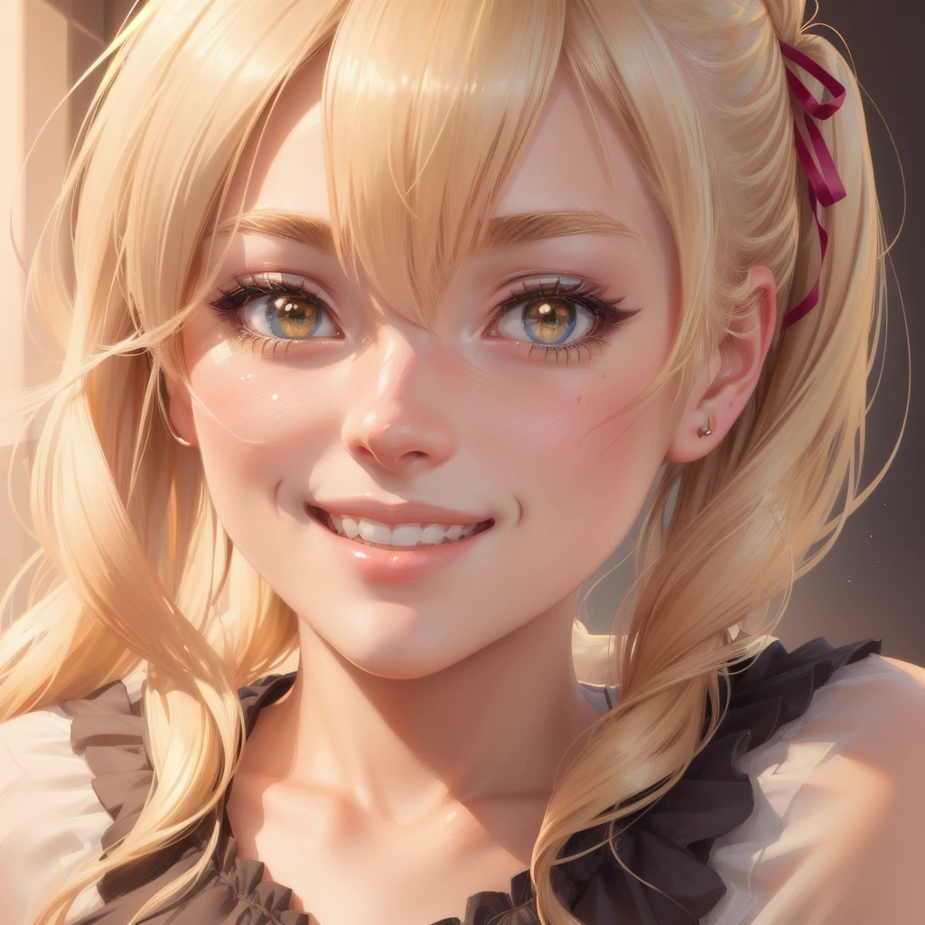 1girl, detailed beautiful face, blonde hair, anime style, ribbon, side ponytail, blushing, smiling, anatomically correct, detailed illustration, character design, high resolution, 8k, masterpiece, ultra-detailed, realistic, photorealistic, vivid colors, soft lighting