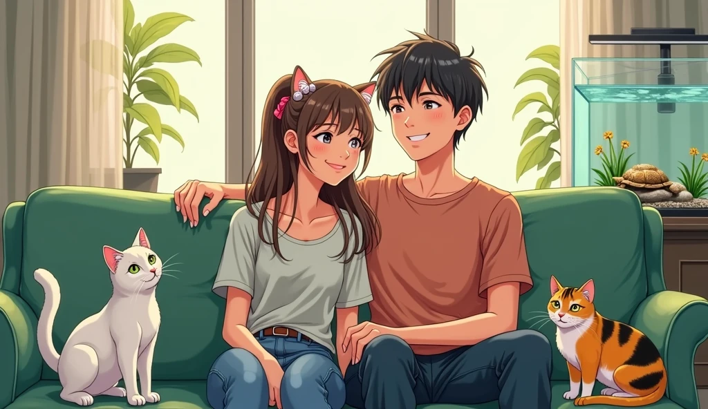 There is a couple in a high-end living room with white and black furniture.，A short-haired man and a long-haired woman are smiling happily on a green sofa，Two cats，A white and a calico cat，There was a relatively small turtle in the fish tank, lying on a rock and watching them.，Anime style，Bright painting style，Warmth