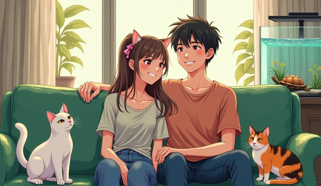 There is a couple in a high-end living room with white and black furniture.，A short-haired man and a long-haired woman are smiling happily on a green sofa，Two cats，A white and a calico cat，There was a relatively small turtle in the fish tank, lying on a rock and watching them.，Anime style，Bright painting style，Warmth