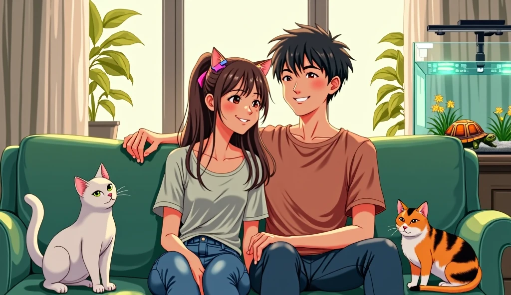 There is a couple in a high-end living room with white and black furniture.,A short-haired man and a long-haired woman are smiling happily on a green sofa,Two cats,A white and a calico cat,There was a relatively small turtle in the fish tank, lying on a rock and watching them.,Anime style,Bright painting style,Warmth