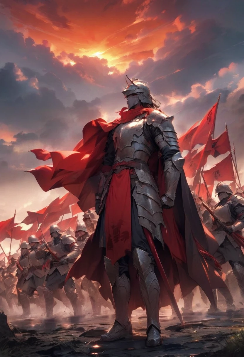 On the battlefield at dusk、A warrior carrying a red flag、Standing before the soldiers at the ready。The sky is dyed red、A sense of battle is in the air。