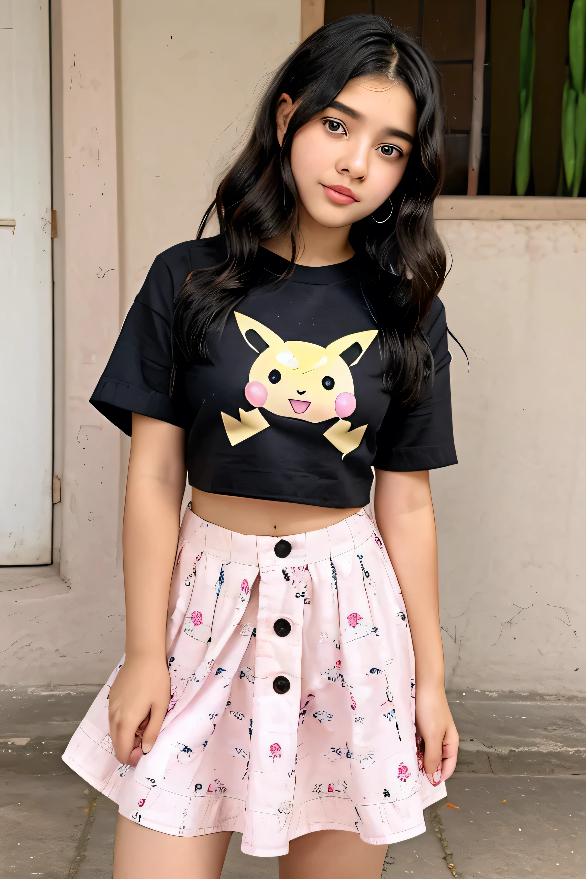 "A cute with a fair complexion, dark black hair styled in loose waves, and pink lips. She has a different yet adorable face with big, expressive eyes and a small, button nose. She is standing in front of a traditional Indian house, wearing an oversized black skirt printed with a Pikachu anime design, paired with a simple, casual top. Her expression is playful and engaging, capturing the essence of a young and cute influencer."