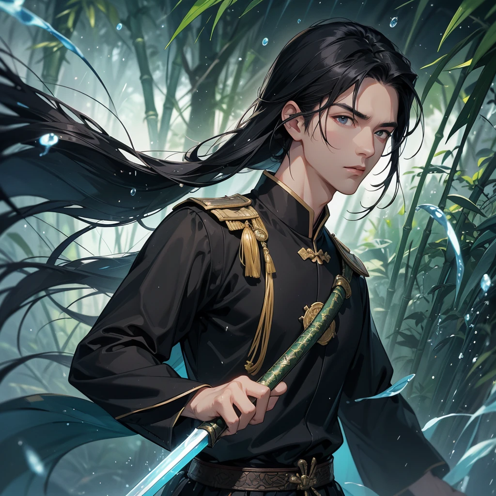 A Handsome black-haired male general holding a large sword in black-blue ancient Chinese general costume, the back is a lush green bamboo forest. the air after rain has water droplets splashing around, close up.