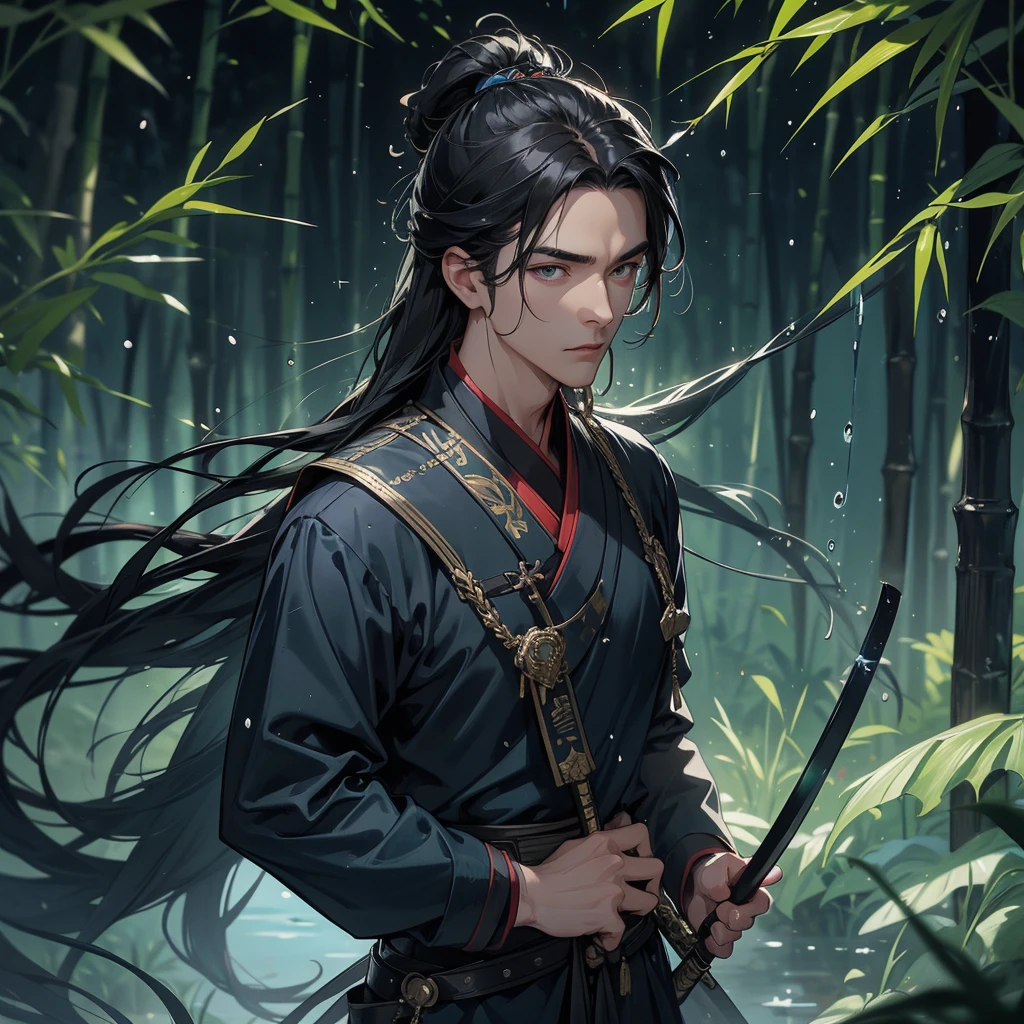 A Handsome black-haired male general holding a large sword in black-blue ancient Chinese general costume, the back is a lush green bamboo forest. the air after rain has water droplets splashing around, close up.